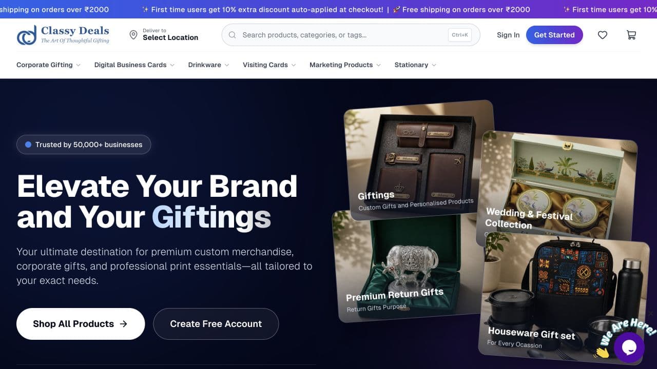 A cropped view of the real Classy Deals storefront hero, showing custom printing and gifting products.